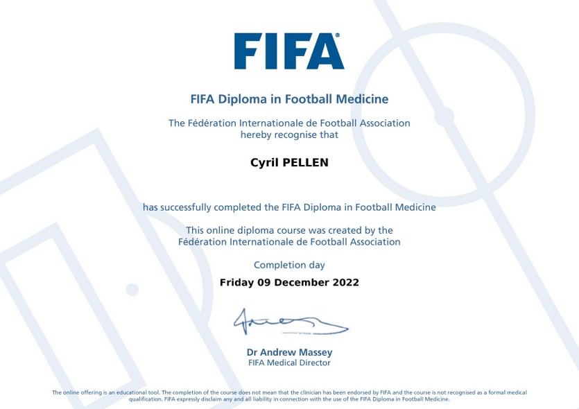 Diplôme de la FIFA obtenu par Cyril Pellen - Ostéopathe D.O.